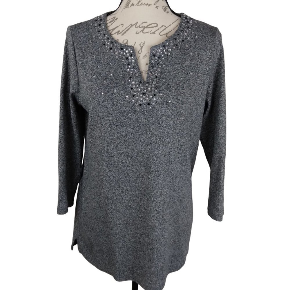 Rafaella | Heathered Gray Rhinestone V-neck Top Tunic | Size M